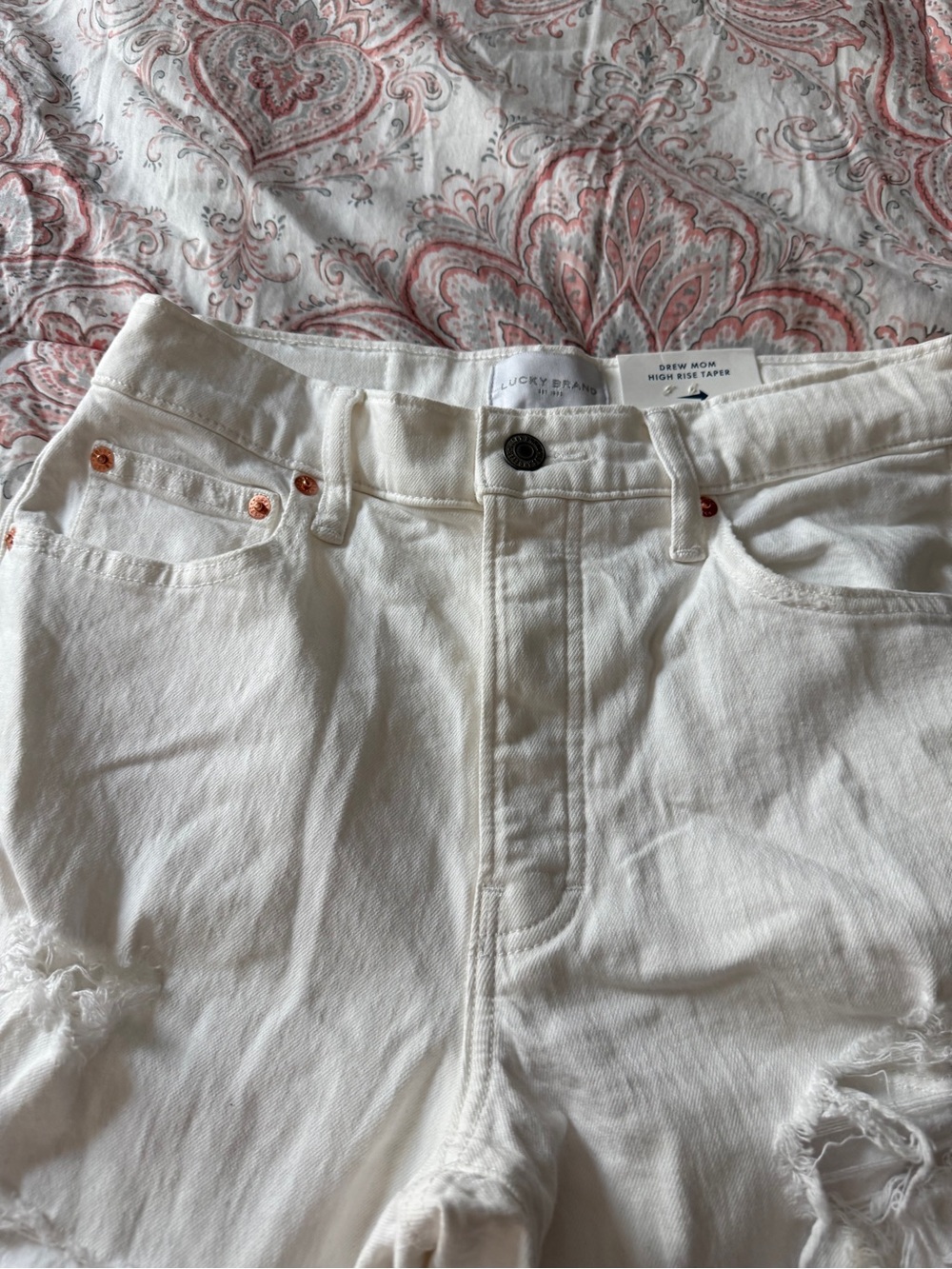 Lucky Brand Cream Slim Straight Jeans with Distressed Detail